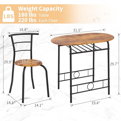 VECELO 3-Piece Dining Table Set for Kitchen Breakfast Nook, Wood Grain Oval Tabletop and Metal Frame with Built-in Wine Rack, for Small Spaces, Antique Brown & Black VECELO