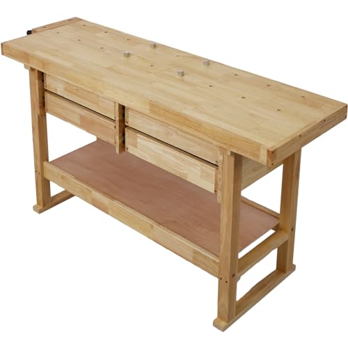 60" Solid Wood Workbench with 4 Drawers and Lower Shelf, Durable Rubberwood Wooden Workbench for Garage, Woodworking Carpenter Workshop and Home Natural Finish 330 lbs Capacity - WoodArtSupply