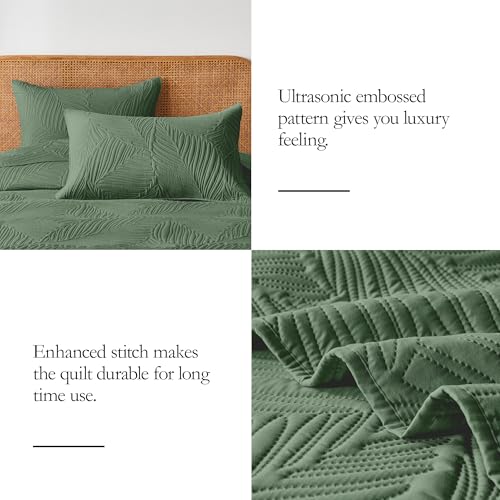 OARAGE Queen Quilt Bedding Set Soft Lightweight Olive Green Bedspread with Leaf Pattern,Ultrasonic Microfiber Bed Coverlet Full Size for All Season (1 Quilt, 2 Shams) OARAGE