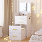 Gurexl 3 in 1 Vanity Desk with Flip Top Mirror for Bedroom,Small Compact Vanity with Visible Glass Desktop for Cloakroom,Makeup Vanity Set with 3 Drawers,Cushioned Stool,Dressing Table,White Gurexl
