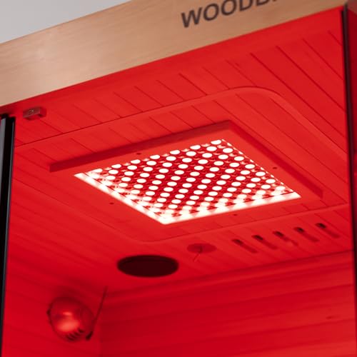 WOODBRIDGE Infrared Home Sauna Room 2 Person Hemlock Wooden Indoor Sauna,7 Carbon 1980W/120V Heaters,with Led Color Therapy Light,Bluetooth Speaker,Tempered Glass,Touch-Tone Keypad and A Top Vent