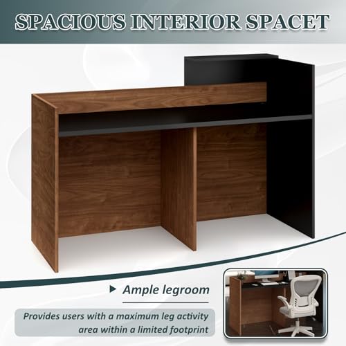YTElantivo 63″ L-Shaped Reception Desk with Counter – Modern Office Front Desk for Salon, Clinic & Retail, Spacious Workstation, Easy Assembly, Black-Brown Receptionist Desk YTElantivo