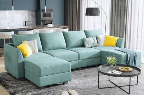 HONBAY Convertible Modular Sectional Sofa U Shaped Modular Couch with Reversible Chaise Modular Sectional Couch with Storage, Aqua Blue HONBAY