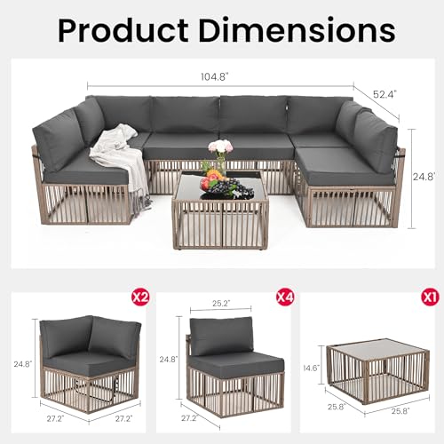 Pamapic 7 Pieces Outdoor Sectional Set, All-Weather PE Rattan Patio Conversation Set, Wicker Adjustable Patio Furniture Set with Washable Cushions Covers and Coffee Table, Brown Rattan, Gray Cushion Pamapic