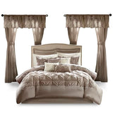 Madison Park Essentials Room in a Bag Faux Silk Comforter Set - Luxe Diamond Tufting All Season Bedding, Matching Curtains, Decorative Pillows, Taupe Queen(90"x90") 24 Piece Madison Park