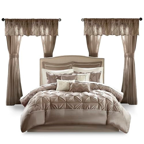 Madison Park Essentials Room in a Bag Faux Silk Comforter Set - Luxe Diamond Tufting All Season Bedding, Matching Curtains, Decorative Pillows, Taupe Queen(90"x90") 24 Piece Madison Park