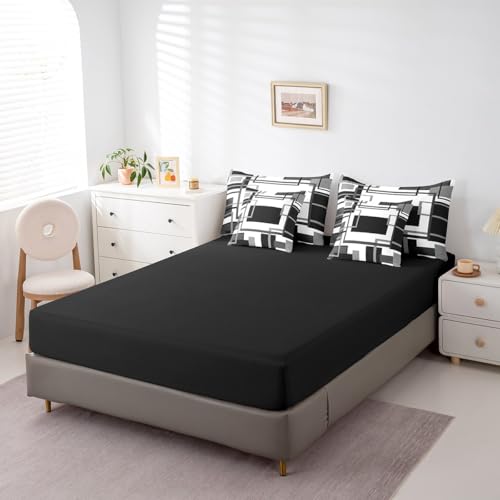 Erosebridal 7Pcs Black and White Full Comforter Set for Minimalist,Black Gray Modern Geometric Bed in A Bag,Abstract Geometric Modern Bedding with Bed Sheets,Mid Century Modern Fashion Quilt Erosebridal