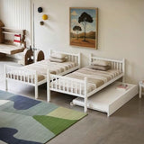 PVWIIK Twin Over Twin Bunk Bed with Trundle and Convertible to Two Beds,Wood Bed Frame w/Safety Guardrail for Dorm,Bedroom,Guest Room,No Box Spring Needed,White PVWIIK