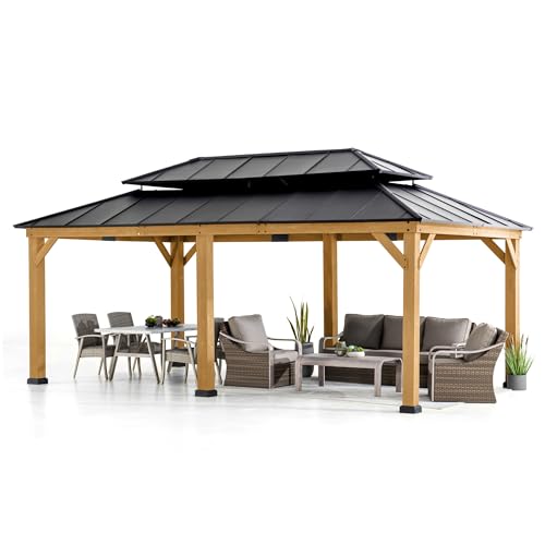 Sunjoy 12 x 20 ft. Wood Gazebo, Outdoor Patio Aluminum Hardtop Gazebo, Cedar Framed Wooden Gazebo with 2-Tier Roof, Suitable for Patios, Lawn and Backyard, Dark Brown Roof + Natural Wood Fram - WoodArtSupply