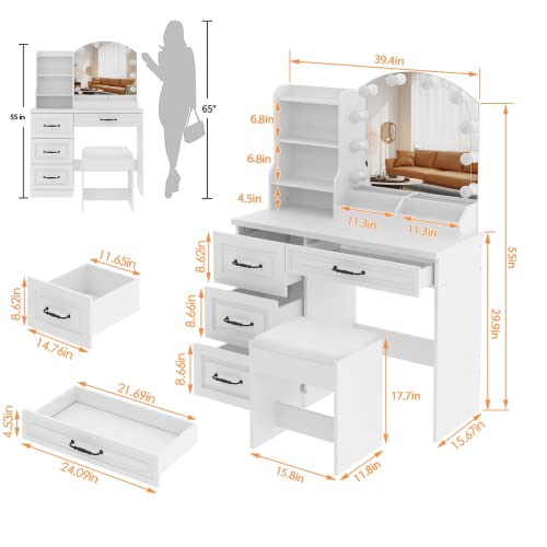 Vabches Makeup Vanity Desk with Lights and 4 Drawers, White Vanity Set Makeup Table Lots Storage, 3 Lighting Colors, Large Size 39.4in(L) Vabches