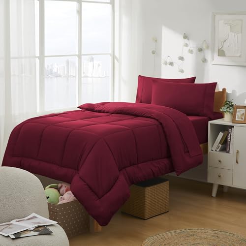 Dorm Room Essentials College Bedding Comforter Set 5 Piece Twin Size Bed in a Bag for College Students Boys and Girls, Twin, Red Sweet Home Collection