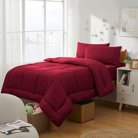 Dorm Room Essentials College Bedding Comforter Set 5 Piece Twin Size Bed in a Bag for College Students Boys and Girls, Twin, Red Sweet Home Collection