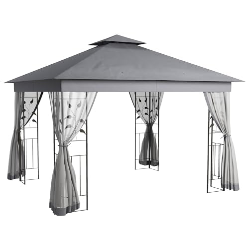 Outsunny 10' x 11.5' Metal Patio Gazebo, Double Roof Outdoor Gazebo Canopy Shelter with Tree Motifs Corner Frame and Netting, for Garden, Lawn, Backyard, and Deck, Gray Outsunny