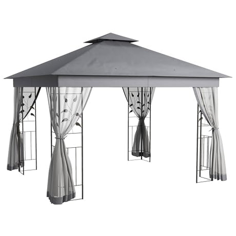 Outsunny 10' x 11.5' Metal Patio Gazebo, Double Roof Outdoor Gazebo Canopy Shelter with Tree Motifs Corner Frame and Netting, for Garden, Lawn, Backyard, and Deck, Gray Outsunny