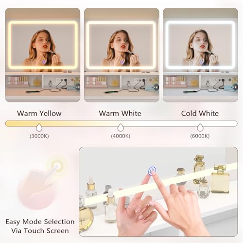 Vanity Desk with Mirror and Lights, White Makeup Vanity Table with 360° Roating Shelves, Large Vanity Desk with 7 Drawers, Power Outlet, Dressing Table Set with Lighted Mirror Adjustable, for Bedroom Aiguazi