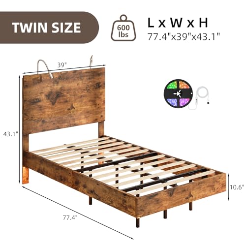 BarnFurin Floating Twin Bed Frame with Led Lights, Wooden Bed Frame with Reading Light Headboard, Heavy Duty Metal Slats, No Box Spring Needed, Easy Assembly, Rustic Brown BarnFurin