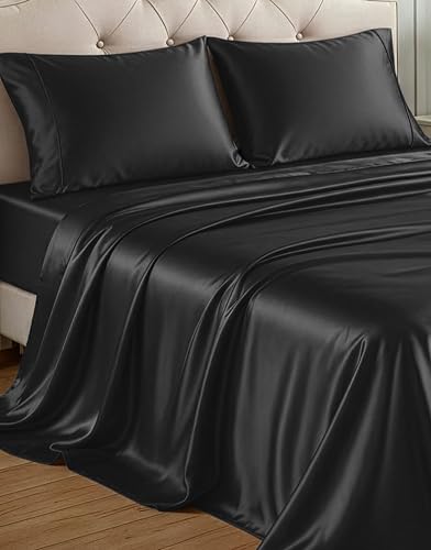 Casa Platino Queen Satin Sheets - Lightweight & Cooling Satin Bed Sheets Queen, with a 15 Inch Deep Pocket Fitted Sheet, Frizz Reducing Fabric, Machine Washable, Retains Shine After Wash - Black Casa Platino
