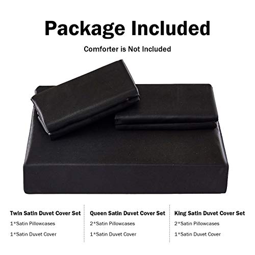 HOdo Home Satin Duvet Cover Twin Size, 3 Piece Silk Like Comforter Cover, Ultra Soft and Breathable Bedding Set with Zipper Closure & Corner Ties (Black) HOdo Home
