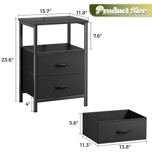 Huuger Night Stand Set of 2, Nightstand with 2 Drawers, Bed Side Table with Open Shelf, Wooden Top, End Table, Fabric Drawer, for Bedroom, Black Huuger