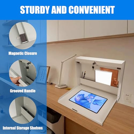 biosp Folding Wall Mounted Desk, Lockable Wall-Mounted Workstation, 50 LBS Capacity, 20''W x 3.38''D x 16.4''H, Murphy Desk, Fold Down Floating Desk with Magnetic Closure for Office Factory, White biosp