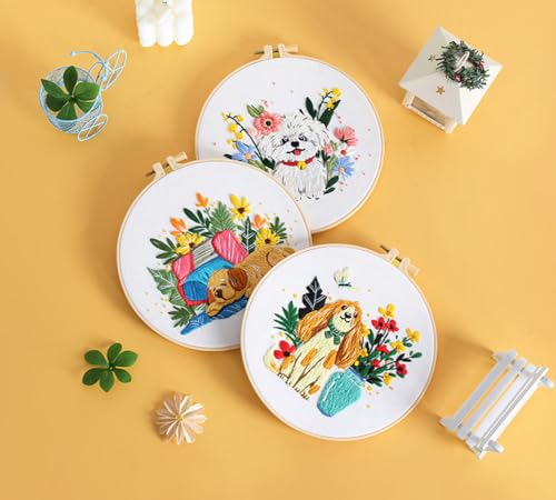 Konrisa 3 pcs Dog Flower Embroidery Kits for Beginners, Needlepoint Cross Stitch Kits with Pattern, DIY Sewing Practice Kit, Include 1pcs Hoop
