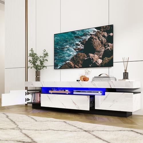 Uspeedy 70IN White TV Stand for 75/80 inch TV,Modern LED TV Stand for Living Room,High Gloss Entertainment Center with Storage Drawer,APP RGB Light,TV Console,Television Stands(Marbling) Uspeedy