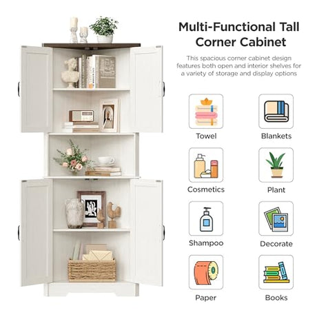 Vabches Tall Corner Cabinet, Corner Bathroom Cabinet, 67" Farmhouse Storage Cabinet with 4 Doors and Adjustable Shelves, Home Space Saver for Bathroom, Kitchen, Living Room, Pantry, White Vabches