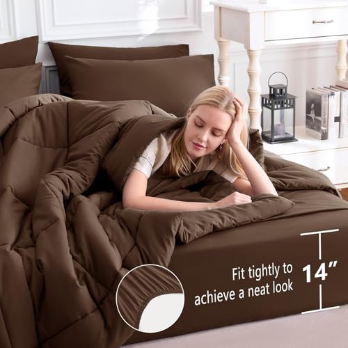 CozyLux Queen Comforter Set Brown, 7 Pieces Bed in a Bag, Brown Comforters Queen Size, All Season Bedding Sets with Stitch Quilted Comforter, Flat Sheet, Fitted Sheet, Pillowcases CozyLux