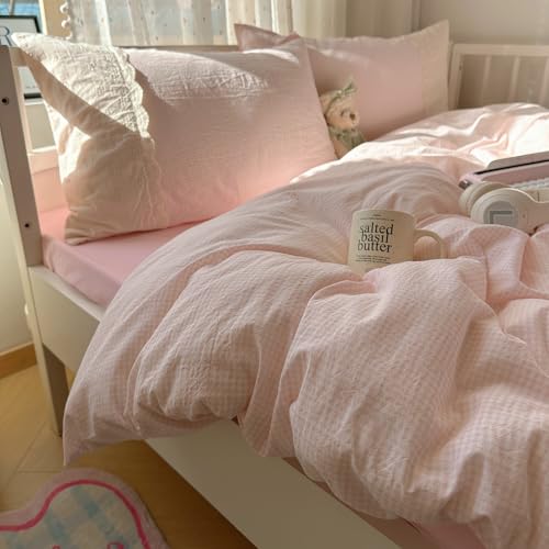 VM VOUGEMARKET Pink Full Duvet Cover Set 3 Pieces Lace Bedding Set Simple Cozy Plaid Checkered Comforter Cover with Zipper Ties for Teen Girls VM VOUGEMARKET