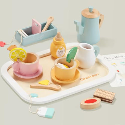 Giant bean Kids Wooden Tea Set for Little Girls, 21 PCS Kitchen Playset Toys Gifts for Toddlers Kids Boys 1 2 3 4 5 6, Play Kitchen Accessories for Kids Tea Party - WoodArtSupply