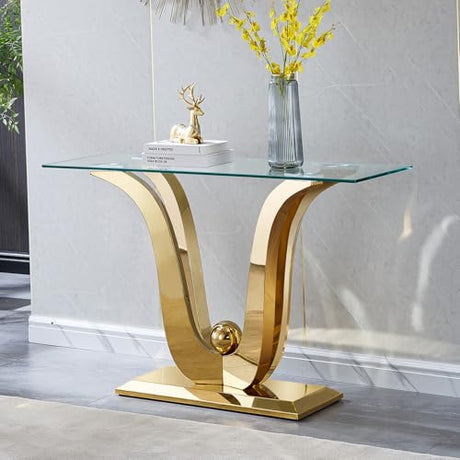 Henf Luxury Gold Glass Console Table Modern 47" Rectangular Slim Entryway Table with Mirror Finish Stainless Steel Base and Clear Glass Top for Living Room Hallway Corridor Entrance Table (Gold) Henf