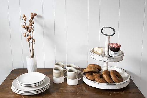 Creative Co-op EC0125 Distressed Wood 2-Tier Tray with Metal Handle, Cream Creative Co-Op