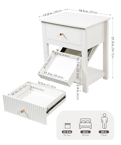 Aylenic Night Stand with Gun Drawer, Nightstand Gun Safe White and Gold Bedside Table Handgun Safe Modern Fluted Bedroom Organiser Storage, Side Table Living Room Simple Aesthetic End Table Aylenic