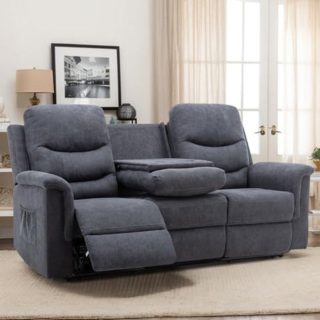 Consofa Reclining Sofa, Recliner Sofa 3 Seater with Flipped Middle Backrest, 2 Cup Holders, Manual Wall Hugger Couches for Living Room, Home Theater Seating Loveseat Recliner Sofa Consofa