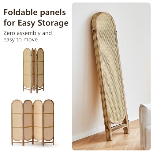 Leesinwing 4 Panels Room Dividers and Hand-Woven Rattan Room Divider Wall, Wood Room Divider Folding Privacy Screens for Home Office Bedroom, Light Brown Leesinwing