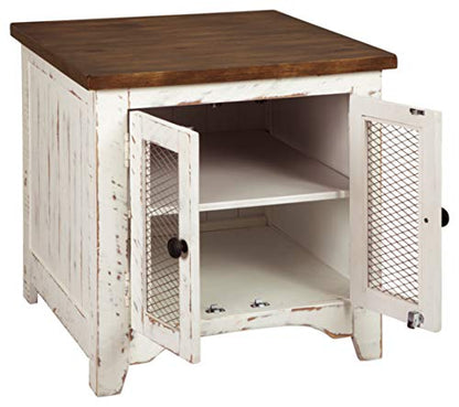 Signature Design by Ashley Wystfield Farmhouse End Table with Storage, Distressed White & Brown Finish