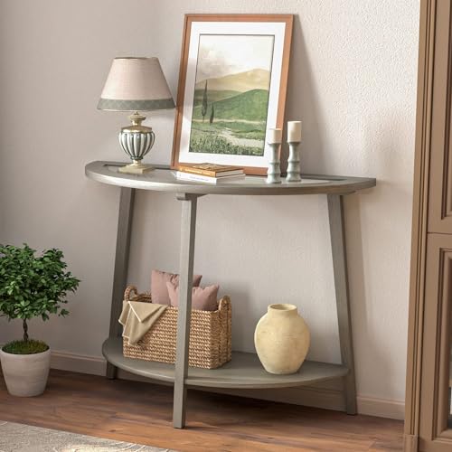 COSIEST 2-Tier Glass Console Table, Semi-Circular MDF Entryway Table with Storage Shelf, Modern Wood Sofa Side Table for Bedroom Living Room Hallway, Antique Silver COSIEST