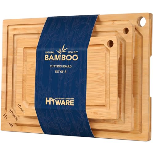Hiware Wood Cutting Boards for Kitchen, Heavy Duty Bamboo Cutting Board with Juice Groove, Bamboo Chopping Board Set for Meat, Vegetables - Set of 3