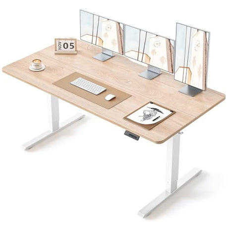 BANTI 63 × 28 Inches Standing Desk, Ergonomic, Electric Height Adjustable, Sit and Stand Up, Computer Desk with a Deeper Desktop, White Frame/Maple Top BANTI
