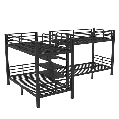 Bellemave Metal Quad Bunk Bed with Stairs for 4, L-Shaped Twin Size Quad Bunk Bed Frame,Heavy Duty Bunk Beds for Kids Teens Adults,Black Bellemave