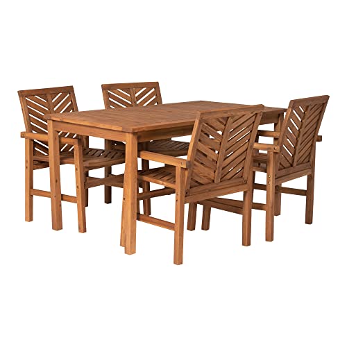 Walker Edison 4 Person Outdoor Wood Chevron Patio Furniture Dining Set Table Chairs All Weather Backyard Conversation Garden Poolside Balcony, 5 Piece, Brown Walker Edison