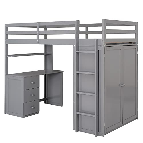 Merax Twin Size Loft Bed with Storage Drawers, Desk and Wardrobe, Wooden Loft Bed Frame with Guardrails, No Box Spring Needed, Gray Merax