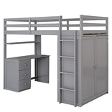 Merax Twin Size Loft Bed with Storage Drawers, Desk and Wardrobe, Wooden Loft Bed Frame with Guardrails, No Box Spring Needed, Gray Merax