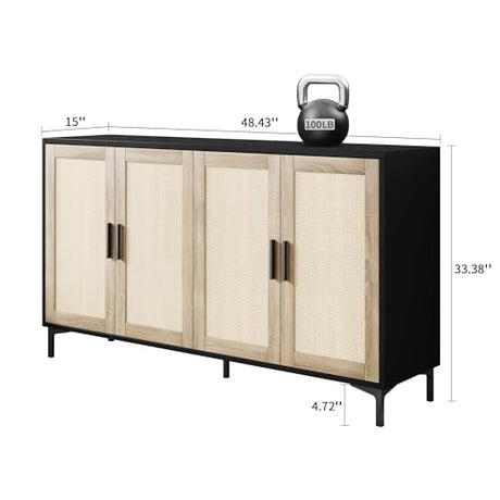 JASIWAY Sideboard - Buffet Cabinet with Storage, Rattan Kitchen Buffet Cabinet Accent Sideboard Cabinets with Doors, Coffee Bar Cabinets Rattan Sideboards for Living Room, Entryway, Black JASIWAY