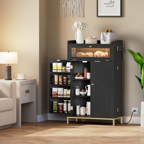 HOOBRO Pantry Cabinet with Charging Station, Kitchen Pantry Cabinet with LED Light and Storage Shelves, Kitchen Pantry with Acrylic Drawer Door for Kitchen, Dining Room, Black and Gold DB22UDPC01 HOOBRO