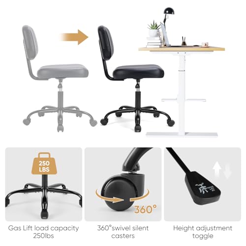 DUMOS Small Armless Home Desk Chair with Low Back Lumbar Support, Height Adjustable PU Leather Computer Task Chair with 360° Swivel Wheels, for Small Space, Kids and Adults, New Black DUMOS