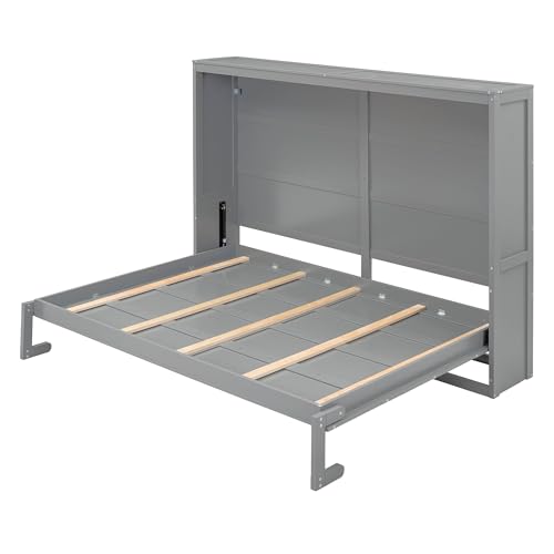 MERITLINE Queen Horizontal Murphy Chest Bed,Wood Folding Grey Murphy Chest Bed Cabinet for Adults No Box Spring Needed MERITLINE