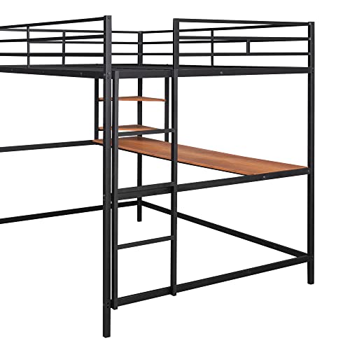 Bellemave Full Size Loft Bed with Desk and 2 Shelves, Metal Full loft bedframe with Storage Shelves, Black Bellemave