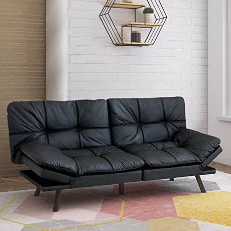 Hcore Convertible Futon Sofa Bed,Black Leather Memory Foam Loveseat Futons Sofa Couch,Small Euro Lounger Sofa for Compact Living Spaces,Apartment,Dorm,Studio,Guest Room,Home Office/Dark Black Leather Hcore