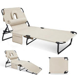 Ahsuname 3-in-1 Sun Tanning Chair with Face Holes, Folding Chaise Lounge Chairs, 5-Position Adjustable Lounge Chair Outdoor with 2 Side Pocket & Pillow, for Pool Beach, Patio, Camping, Beige